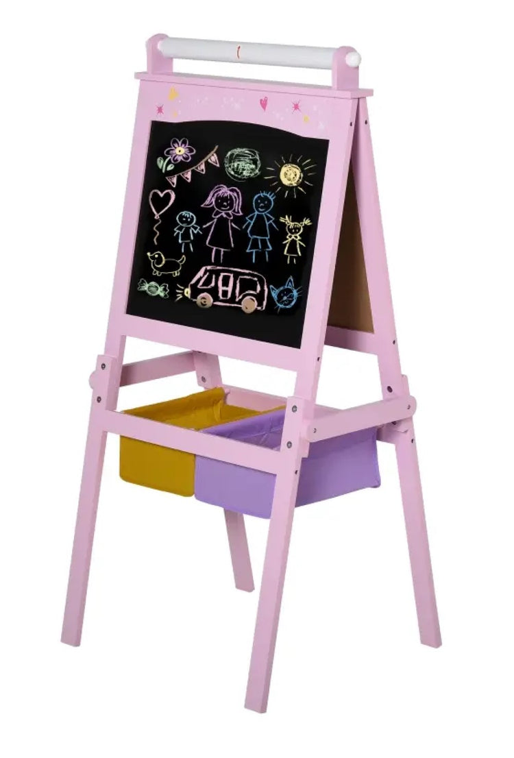 3-in-1 Kids Wooden Art Easel with Paper Roll, Chalkboard & Whiteboard, Storage Baskets, Pink