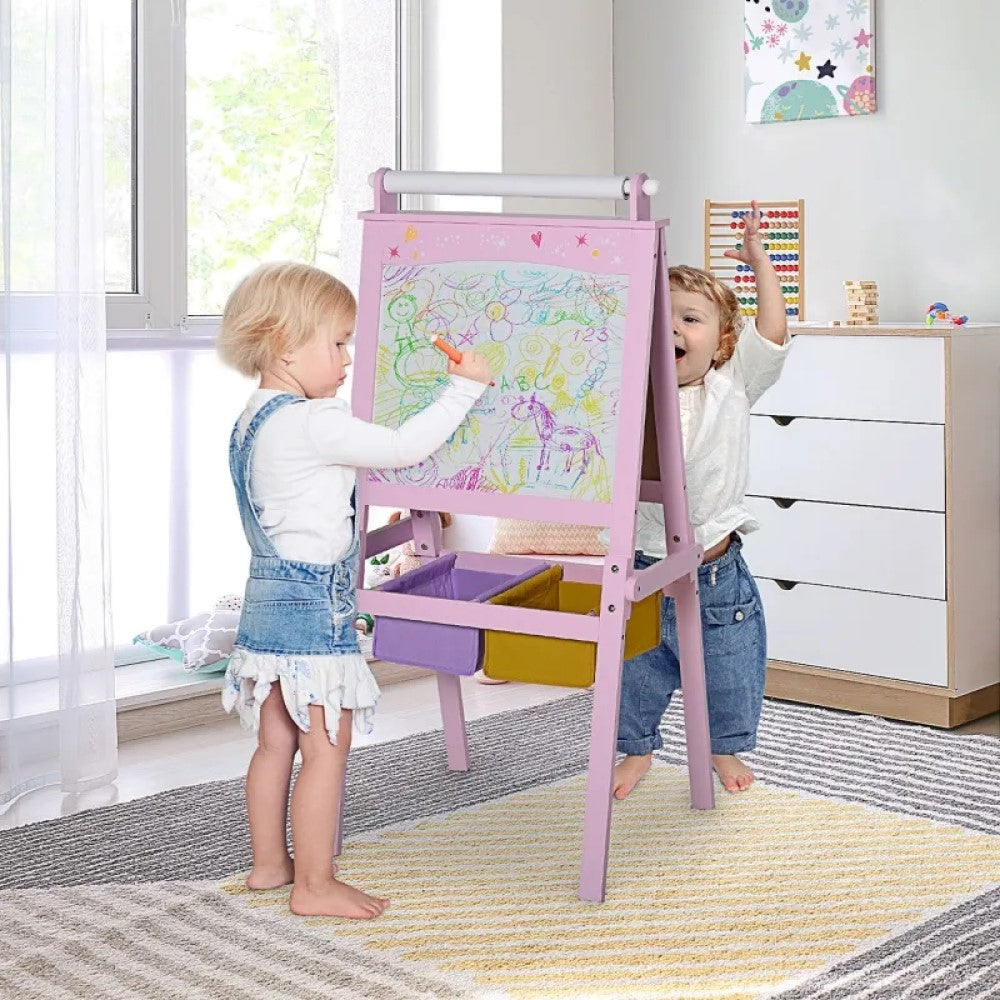 3-in-1 Kids Wooden Art Easel with Paper Roll, Chalkboard & Whiteboard, Storage Baskets, Pink