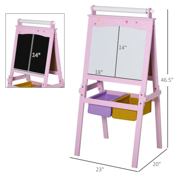 3-in-1 Kids Wooden Art Easel with Paper Roll, Chalkboard & Whiteboard, Storage Baskets, Pink