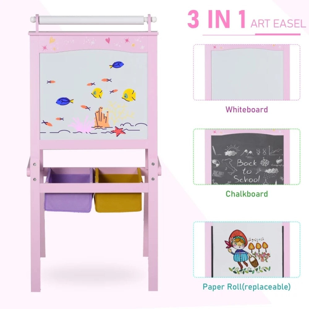 3-in-1 Kids Wooden Art Easel with Paper Roll, Chalkboard & Whiteboard, Storage Baskets, Pink