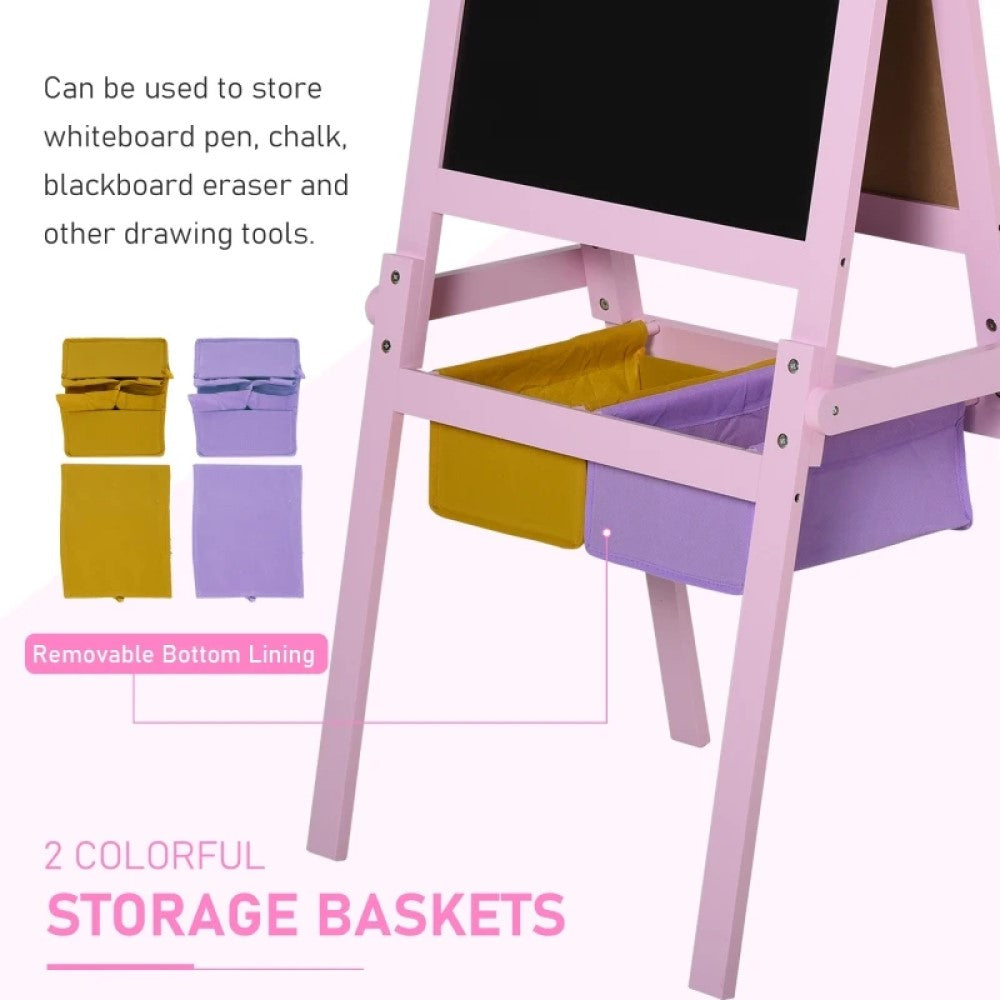 3-in-1 Kids Wooden Art Easel with Paper Roll, Chalkboard & Whiteboard, Storage Baskets, Pink