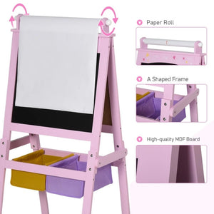 3-in-1 Kids Wooden Art Easel with Paper Roll, Chalkboard & Whiteboard, Storage Baskets, Pink