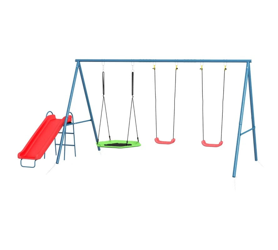 3-in-1 Metal Swing Set for Backyard with Nest Swing, 2 Seats, Slide – 352 lbs Capacity, Ages 3-8