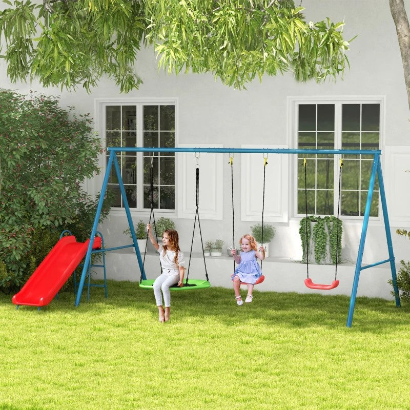 3-in-1 Metal Swing Set for Backyard with Nest Swing, 2 Seats, Slide – 352 lbs Capacity, Ages 3-8