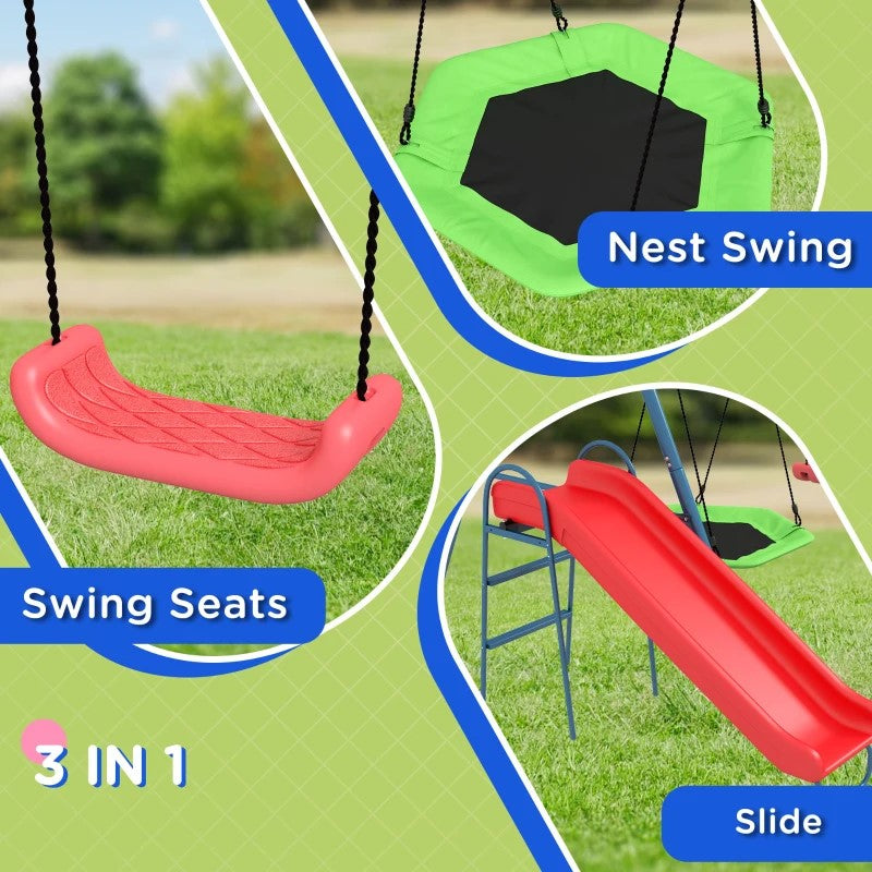 3-in-1 Metal Swing Set for Backyard with Nest Swing, 2 Seats, Slide – 352 lbs Capacity, Ages 3-8