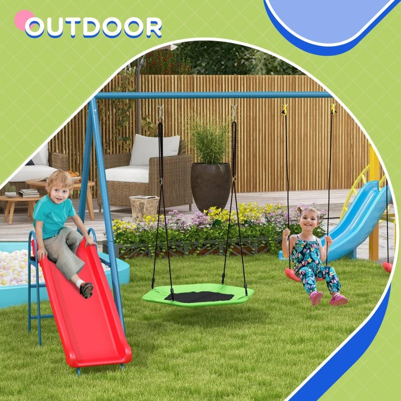 3-in-1 Metal Swing Set for Backyard with Nest Swing, 2 Seats, Slide – 352 lbs Capacity, Ages 3-8