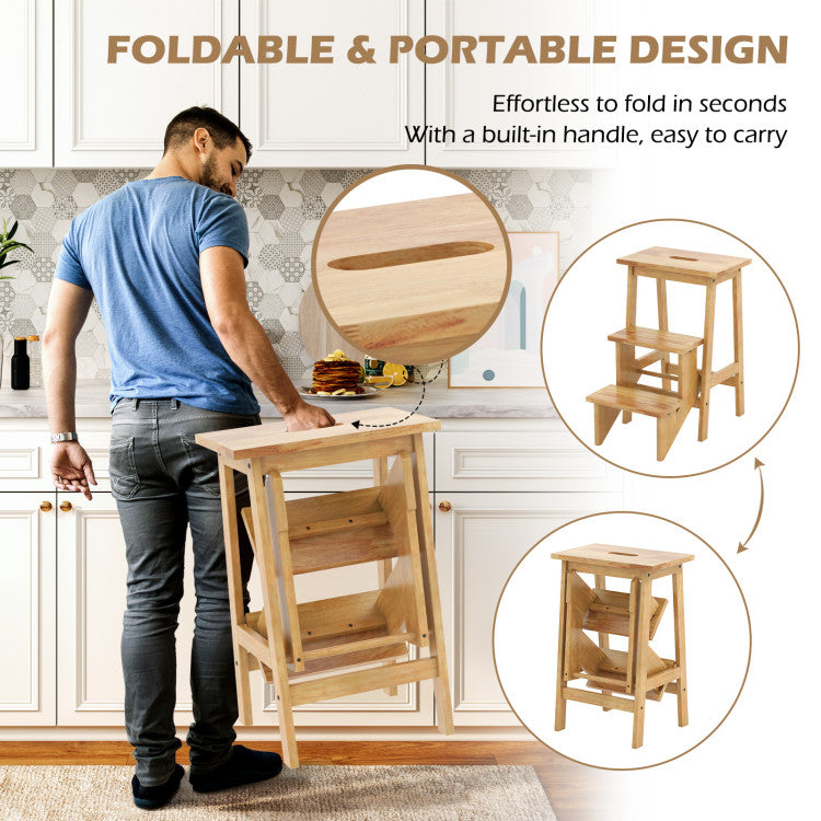 3-in-1 Rubber Wood Step Stool with Handle – Versatile, Durable, and Convenient