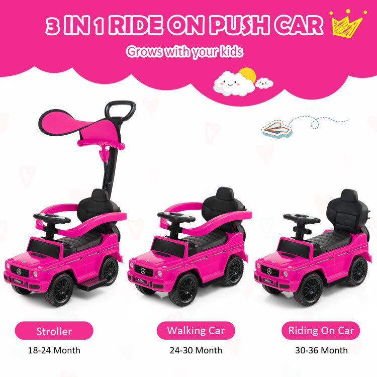 Pink 3-in-1 ride-on push car with stroller, walking car, and riding-on car features on a pink background.