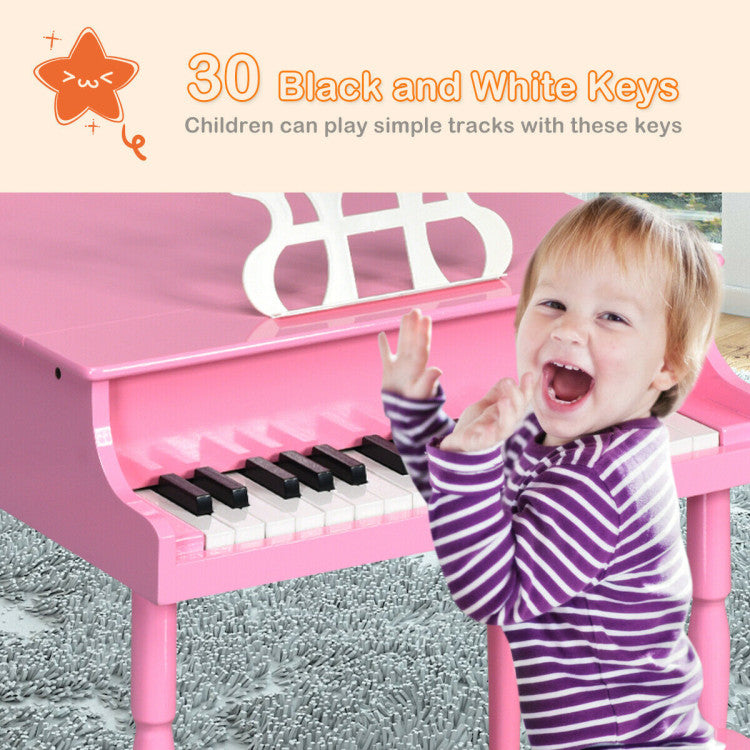 30-Key Wooden Toy Grand Piano for Kids with Bench and Music Rack