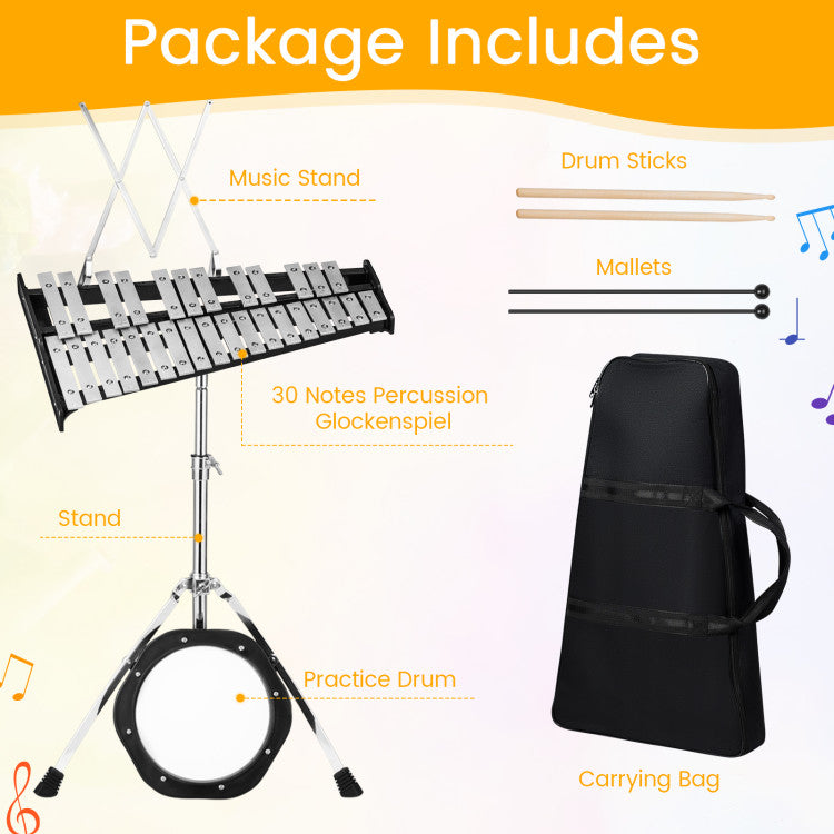 30-Note Percussion Set with Practice Pad, Mallets, Sticks and Adjustable Stand