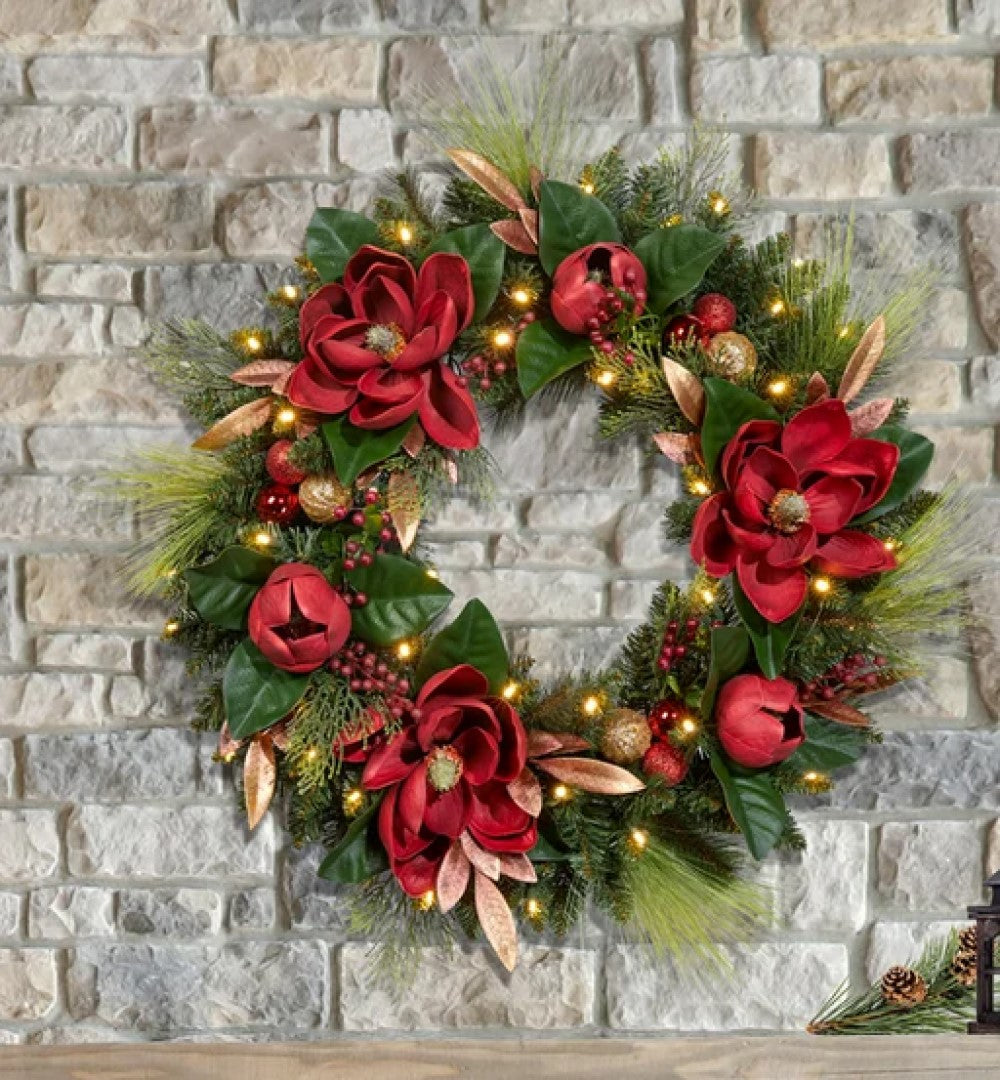 30" Pre-Lit Artificial Magnolia Wreath for Elegant Home Decor