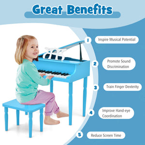 30-Key Wooden Toy Grand Piano for Kids with Bench and Music Rack