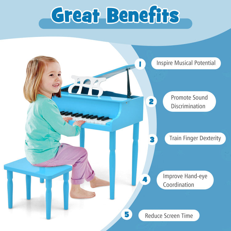 30-Key Wooden Toy Grand Piano for Kids with Bench and Music Rack
