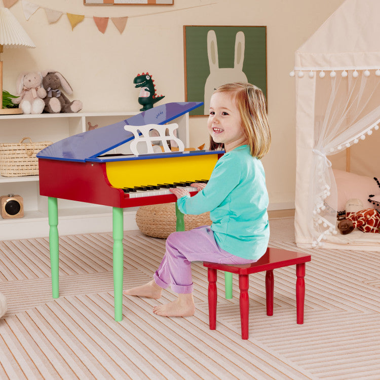 30-Key Wooden Toy Grand Piano for Kids with Bench and Music Rack