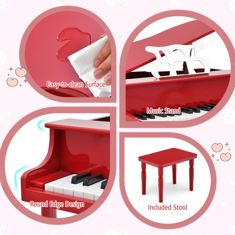 30-Key Wooden Toy Grand Piano for Kids with Bench and Music Rack