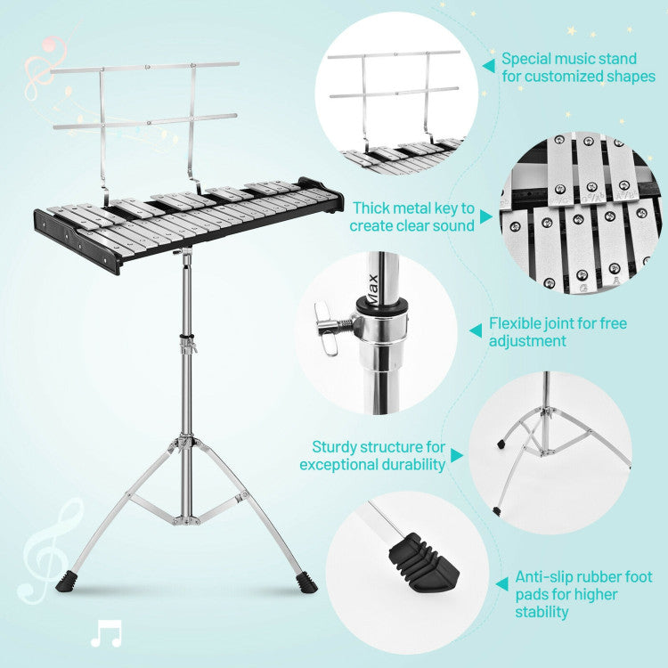 32-Note Glockenspiel Xylophone with Adjustable Stand - Percussion Bell Kit