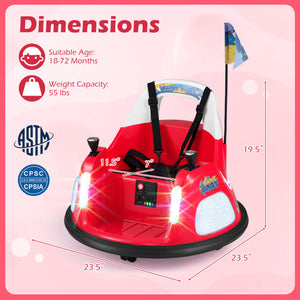 Red children's bumper car with dimensions and safety certifications on a pink background