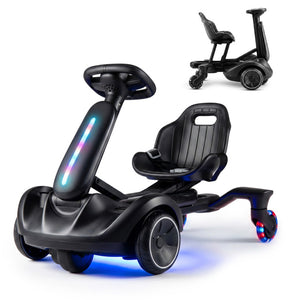 Black children's ride-on toy with colorful lights on a white background