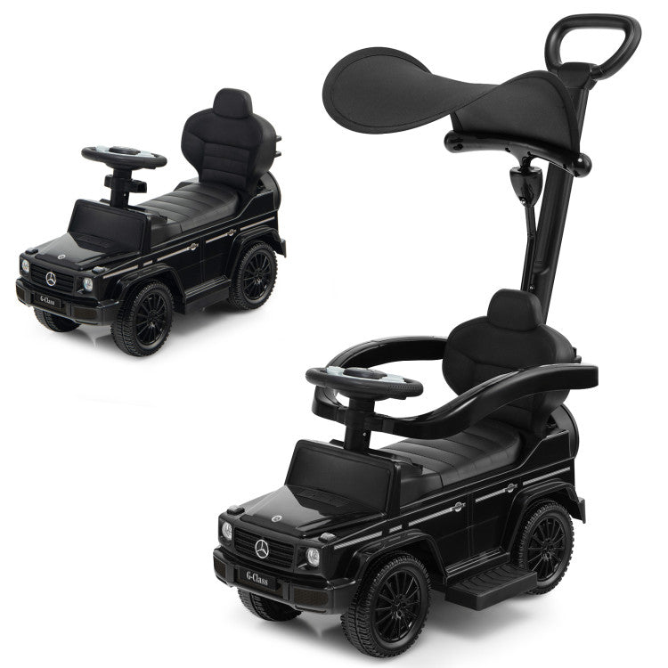 Black toy car with a seat and handle on a white background