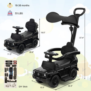 Black children's toy car with dimensions and weight capacity displayed on a light blue background.