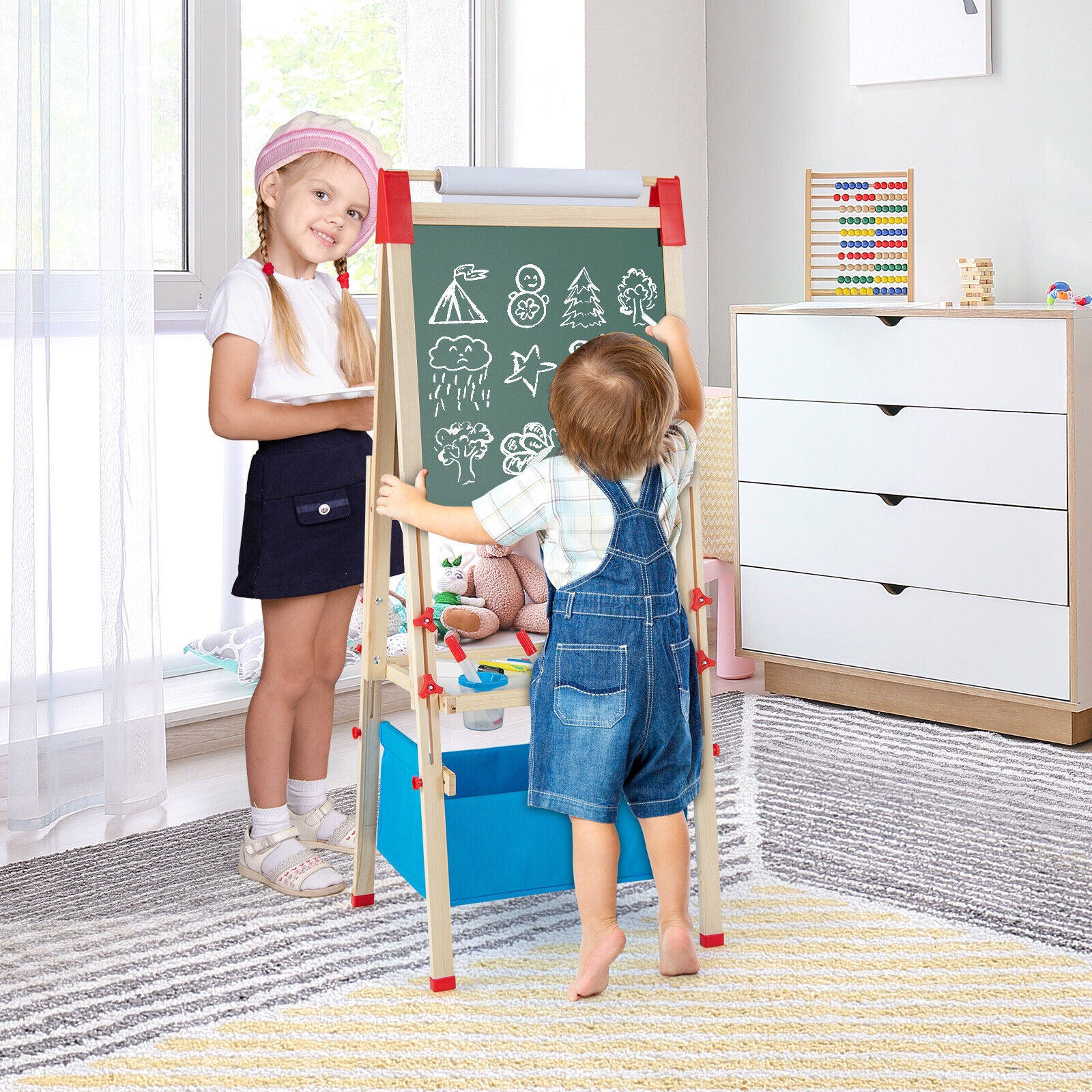 Double-sided adjustable kids art easel for drawing and painting