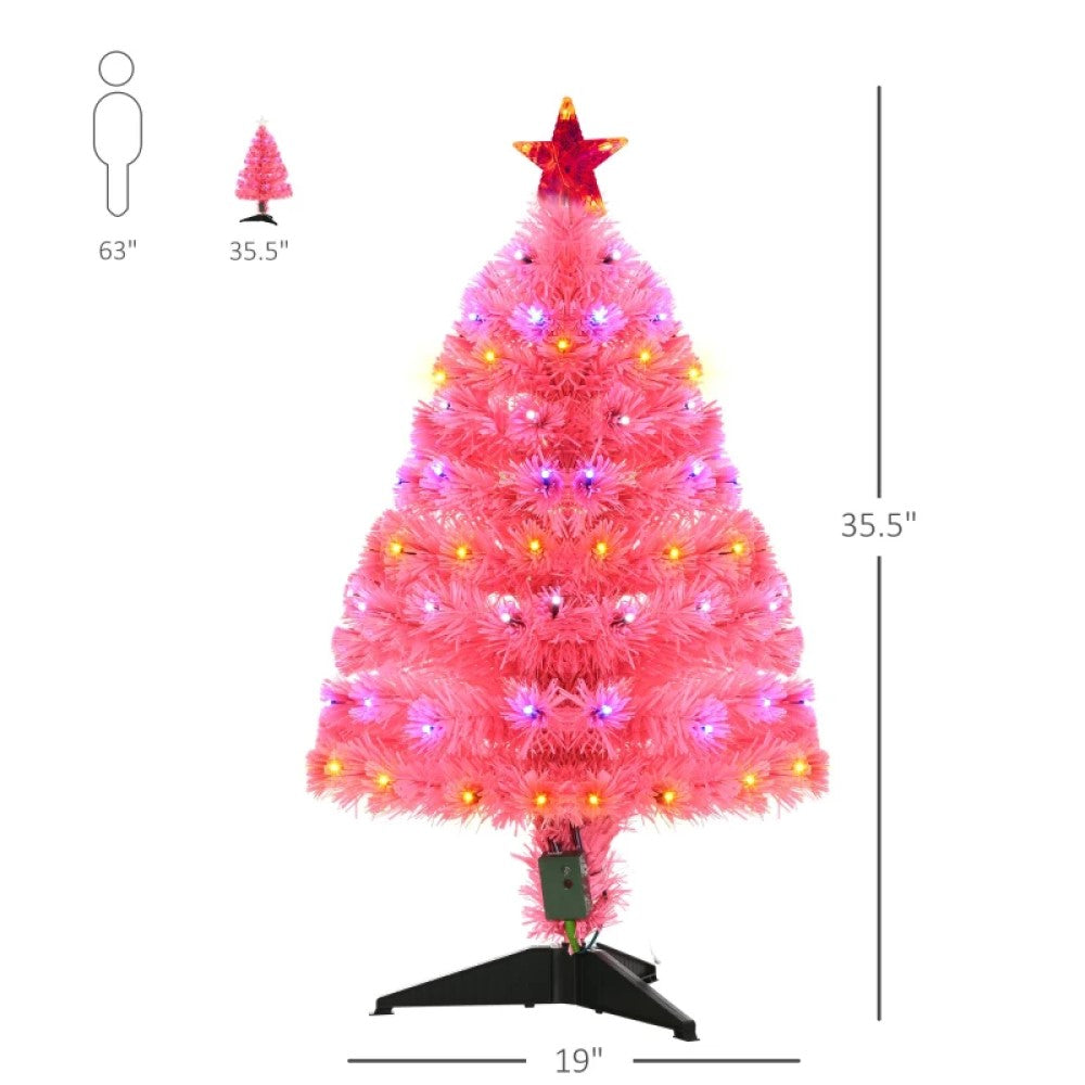 3ft Pre-Lit Pink Douglas Fir Artificial Christmas Tree, 90 Multi-Color LED Lights, Fiber Optic