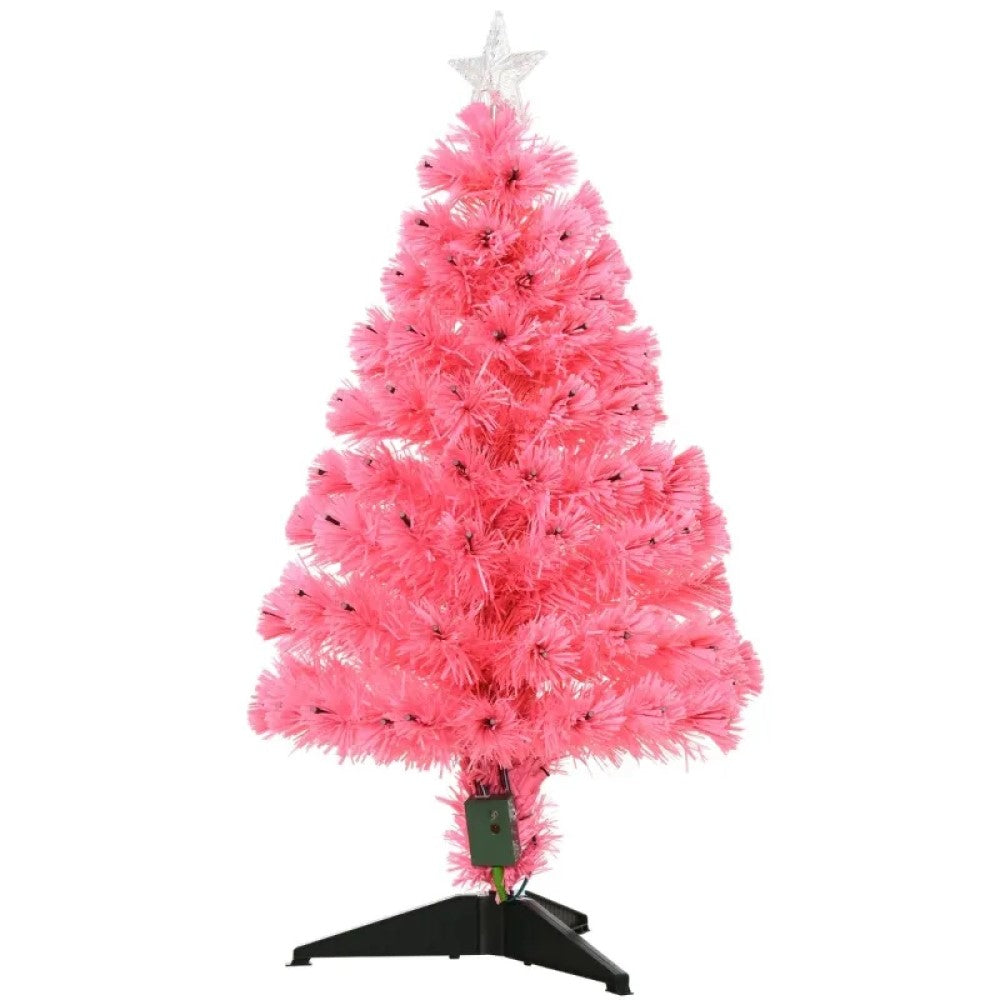 3ft Pre-Lit Pink Douglas Fir Artificial Christmas Tree, 90 Multi-Color LED Lights, Fiber Optic
