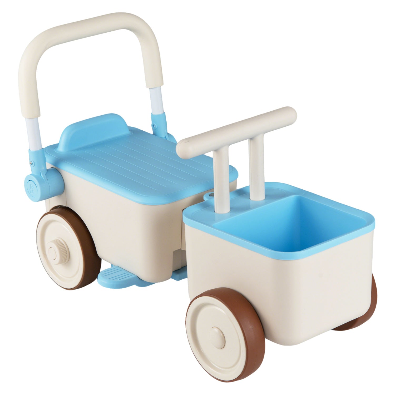 Children's toy push cart with blue and beige colors on a white background
