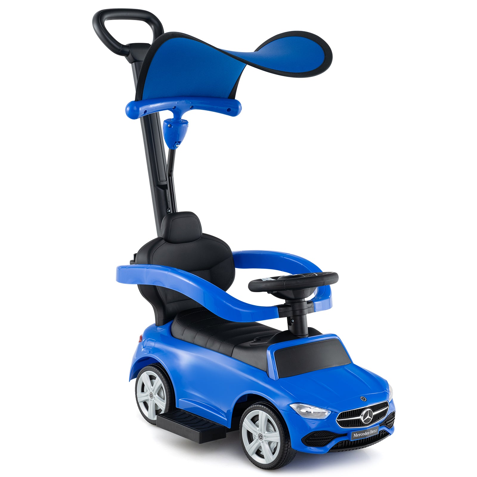 Blue children's toy car with Mercedes-Benz logo on a white background