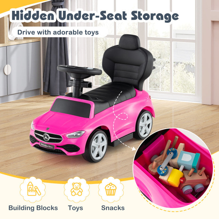 Pink toy car with hidden under-seat storage and toys inside, in a room setting.