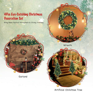 4-Piece Christmas Decoration Set with Wreath, Garland, and Entrance Trees