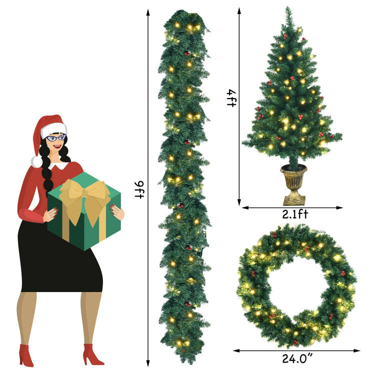 4-Piece Christmas Decoration Set with Wreath, Garland, and Entrance Trees