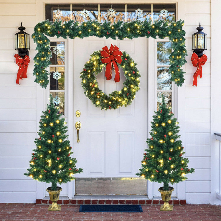 4-Piece Christmas Decoration Set with Wreath, Garland, and Entrance Trees