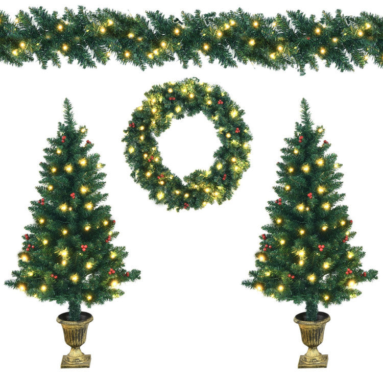 4-Piece Christmas Decoration Set with Wreath, Garland, and Entrance Trees