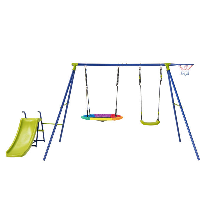 4-in-1 Heavy-Duty Metal Playset with Slide, Swings, and Basketball Hoop for Kids