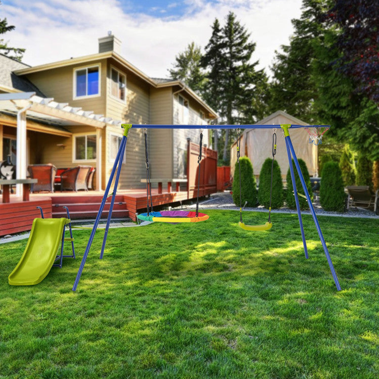 4-in-1 Heavy-Duty Metal Playset with Slide, Swings, and Basketball Hoop for Kids