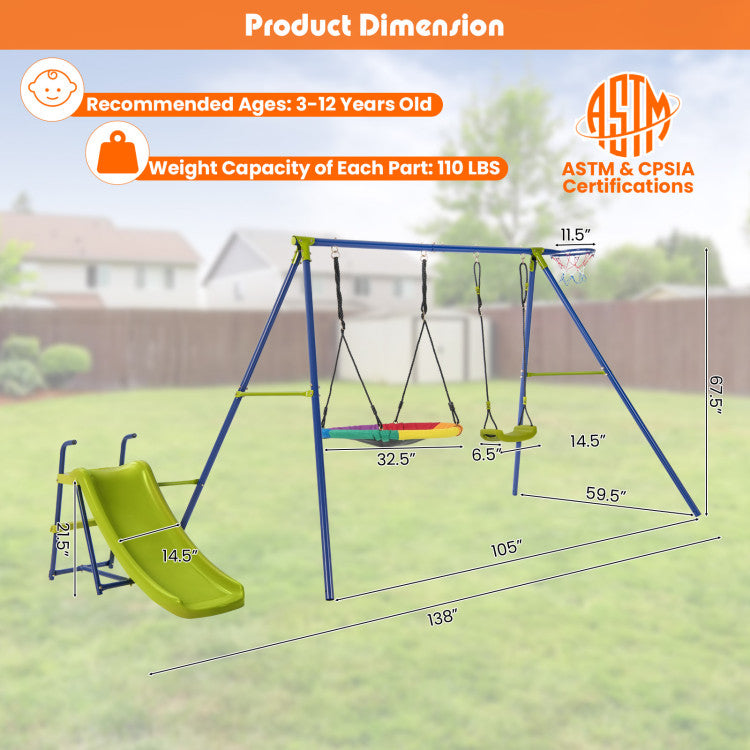 4-in-1 Heavy-Duty Metal Playset with Slide, Swings, and Basketball Hoop for Kids