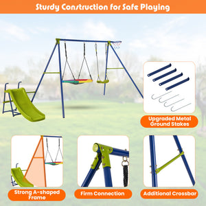 4-in-1 Heavy-Duty Metal Playset with Slide, Swings, and Basketball Hoop for Kids