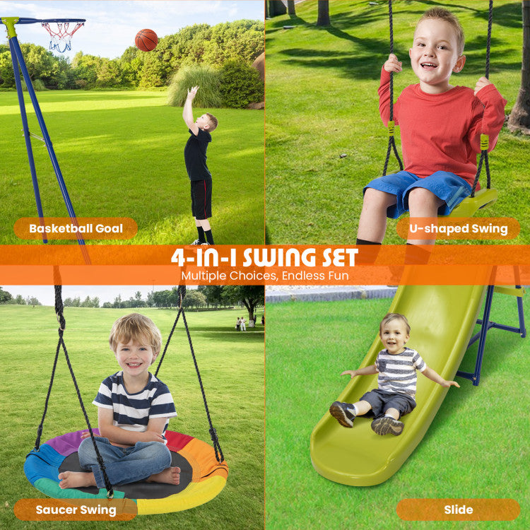 4-in-1 Heavy-Duty Metal Playset with Slide, Swings, and Basketball Hoop for Kids