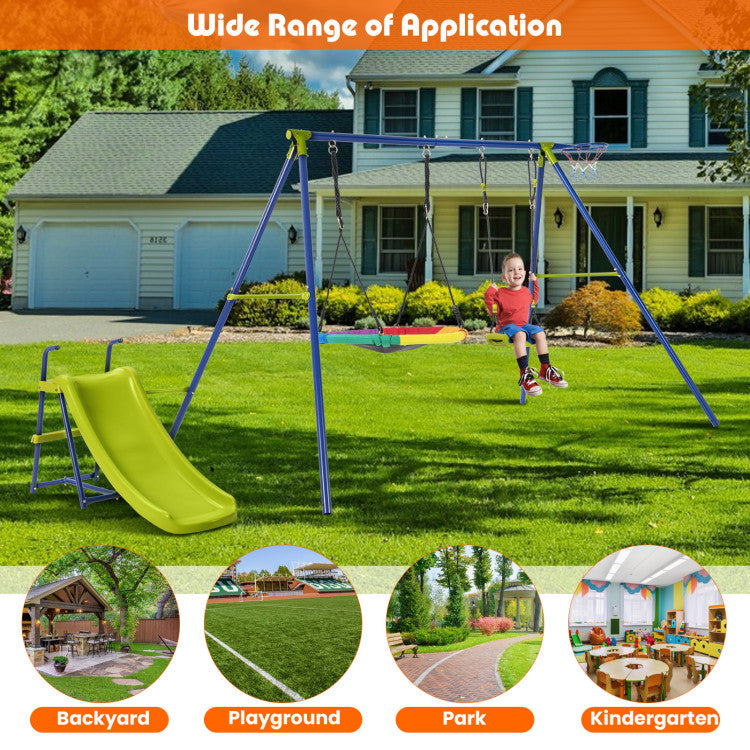 4-in-1 Heavy-Duty Metal Playset with Slide, Swings, and Basketball Hoop for Kids