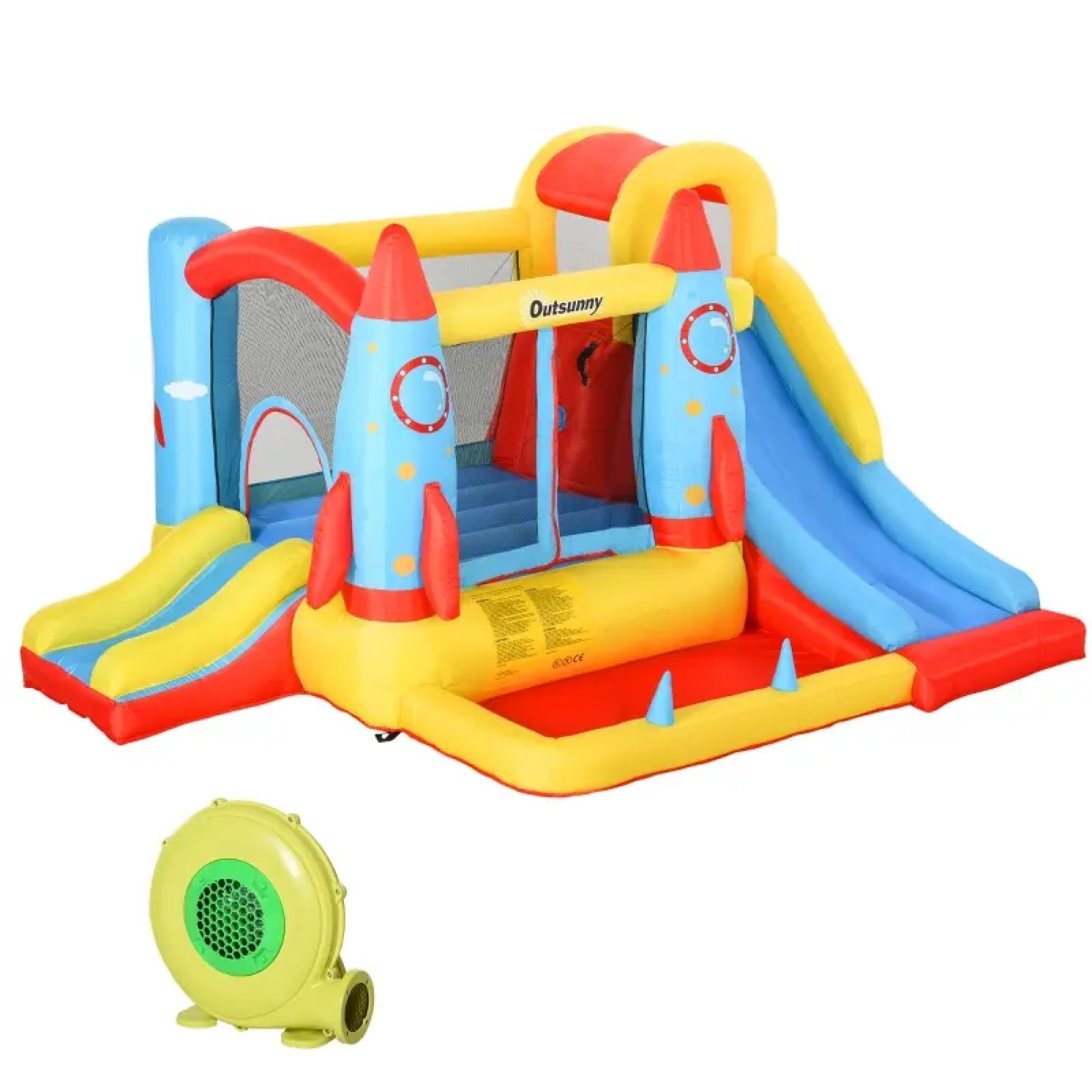 4-in-1 Kids Inflatable Bounce House Jumping Castle with 2 Slides, Climbing Wall, Trampoline, & Water Pool Area, Air Blower