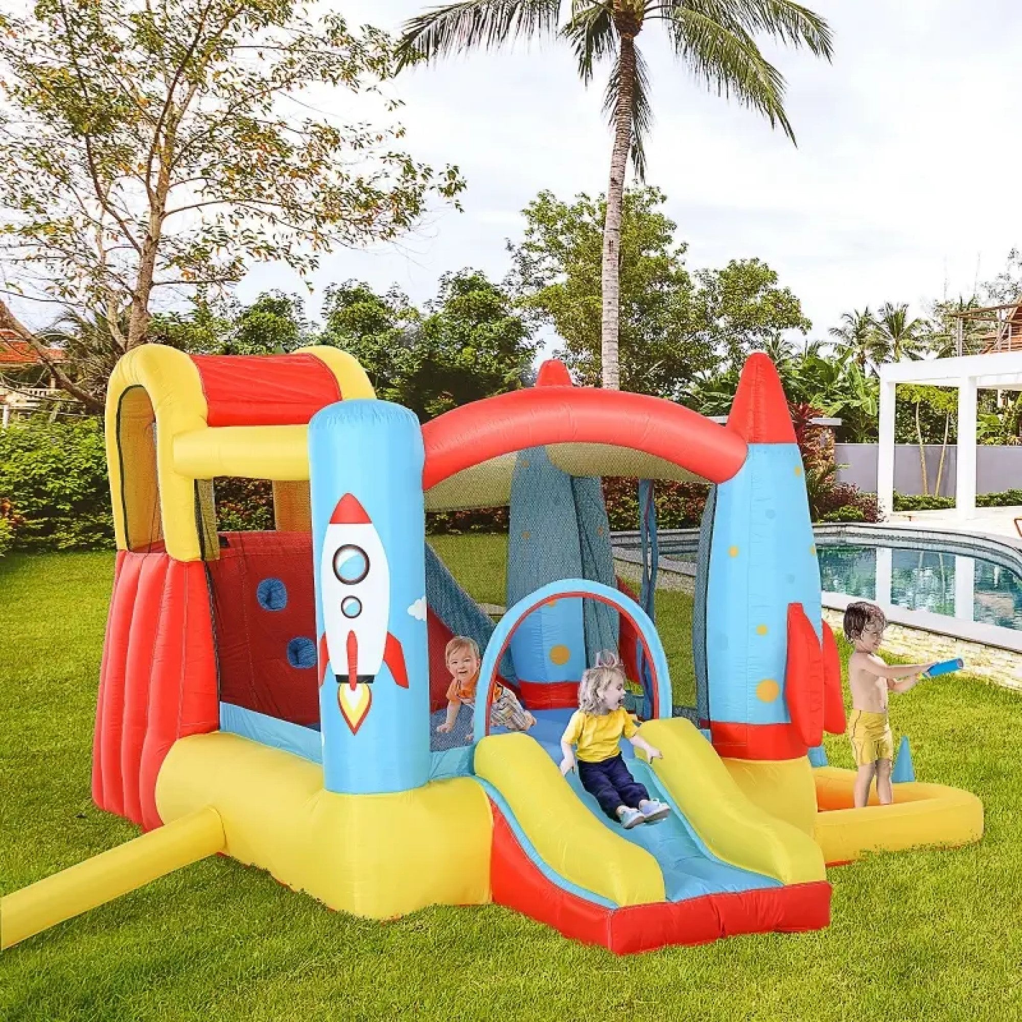 4-in-1 Kids Inflatable Bounce House Jumping Castle with 2 Slides, Climbing Wall, Trampoline, & Water Pool Area, Air Blower