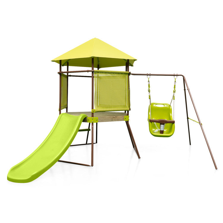 4-in-1 Swing Set with Covered Playhouse Fort and Adjustable Baby Seat for Outdoor Fun