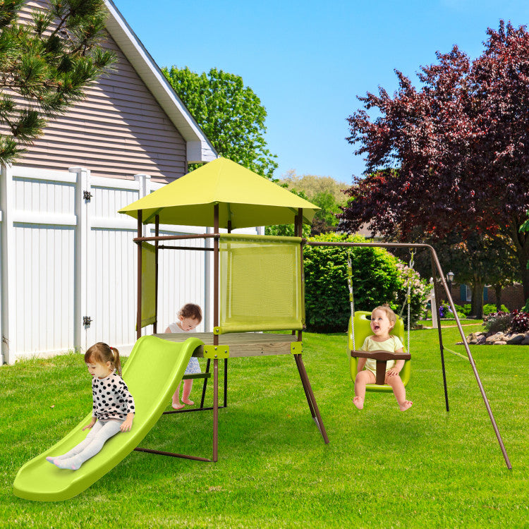 4-in-1 Swing Set with Covered Playhouse Fort and Adjustable Baby Seat for Outdoor Fun