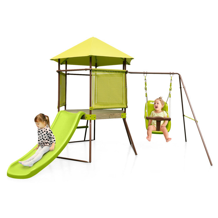 4-in-1 Swing Set with Covered Playhouse Fort and Adjustable Baby Seat for Outdoor Fun