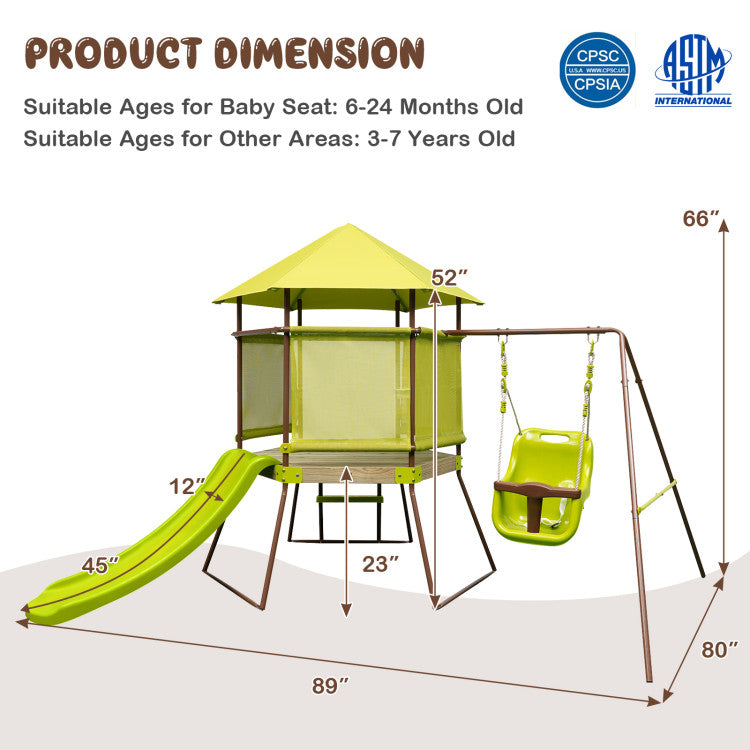 4-in-1 Swing Set with Covered Playhouse Fort and Adjustable Baby Seat for Outdoor Fun