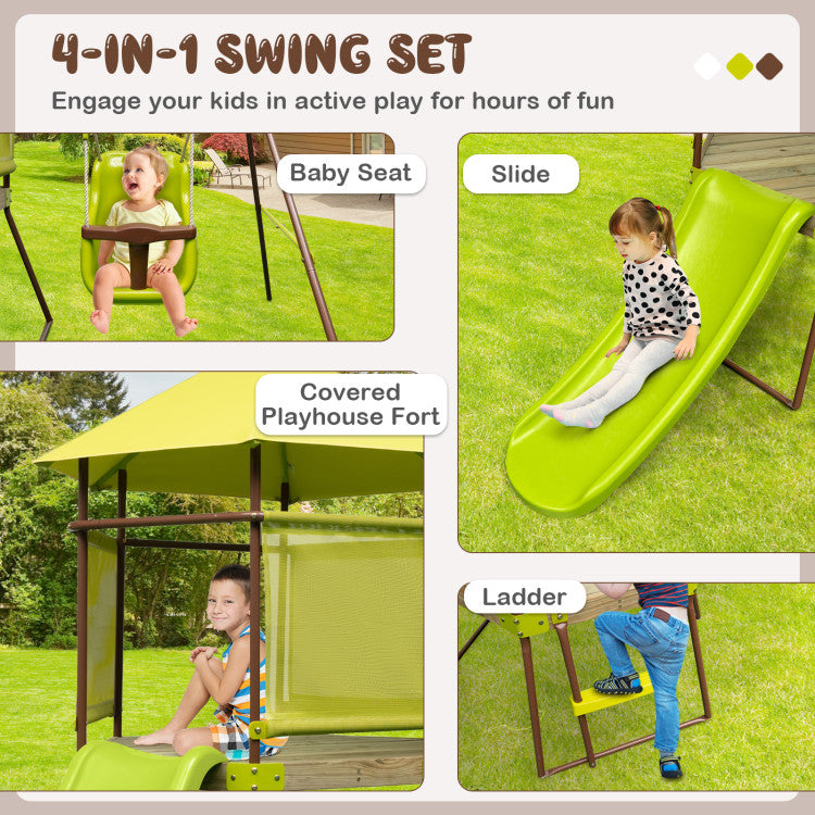 4-in-1 Swing Set with Covered Playhouse Fort and Adjustable Baby Seat for Outdoor Fun