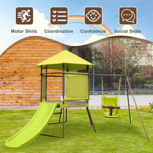 4-in-1 Swing Set with Covered Playhouse Fort and Adjustable Baby Seat for Outdoor Fun