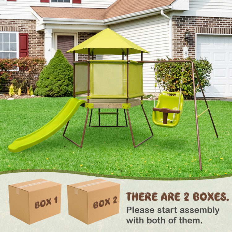 4-in-1 Swing Set with Covered Playhouse Fort and Adjustable Baby Seat for Outdoor Fun