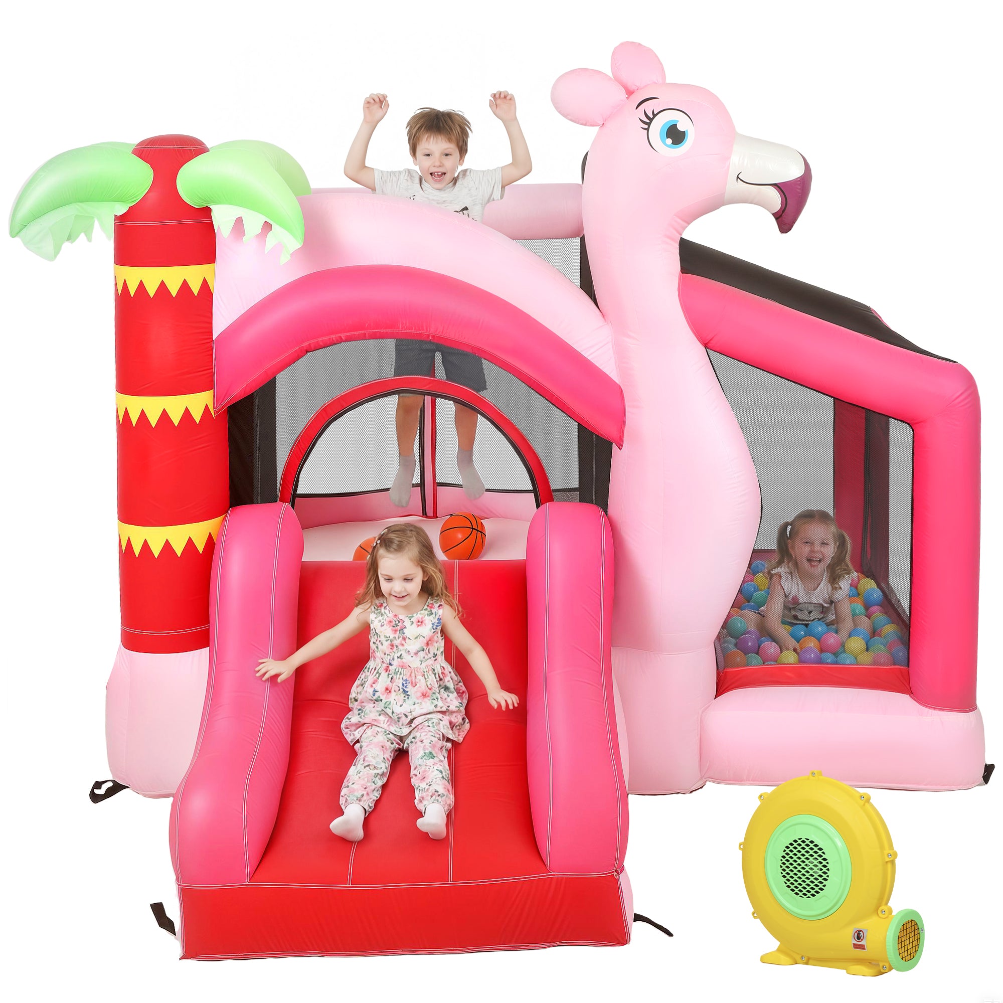 Children playing on a pink inflatable playhouse with a flamingo design.